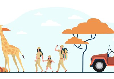 Tourists walking in African savannah. Family cartoon characters, jeep, giraffe, landscape with trees. Vector illustration for adventure travel, tour in Africa concept